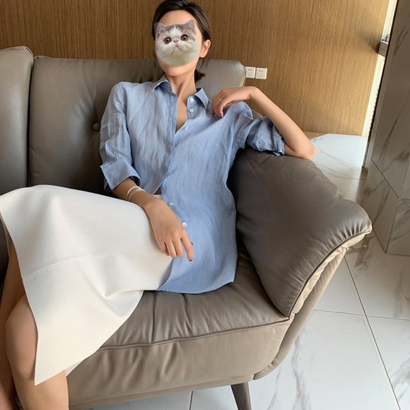 CHICJOC Women 100% Ramie Botton-down shirt size 36 in baby blue - Picture 9 of 16